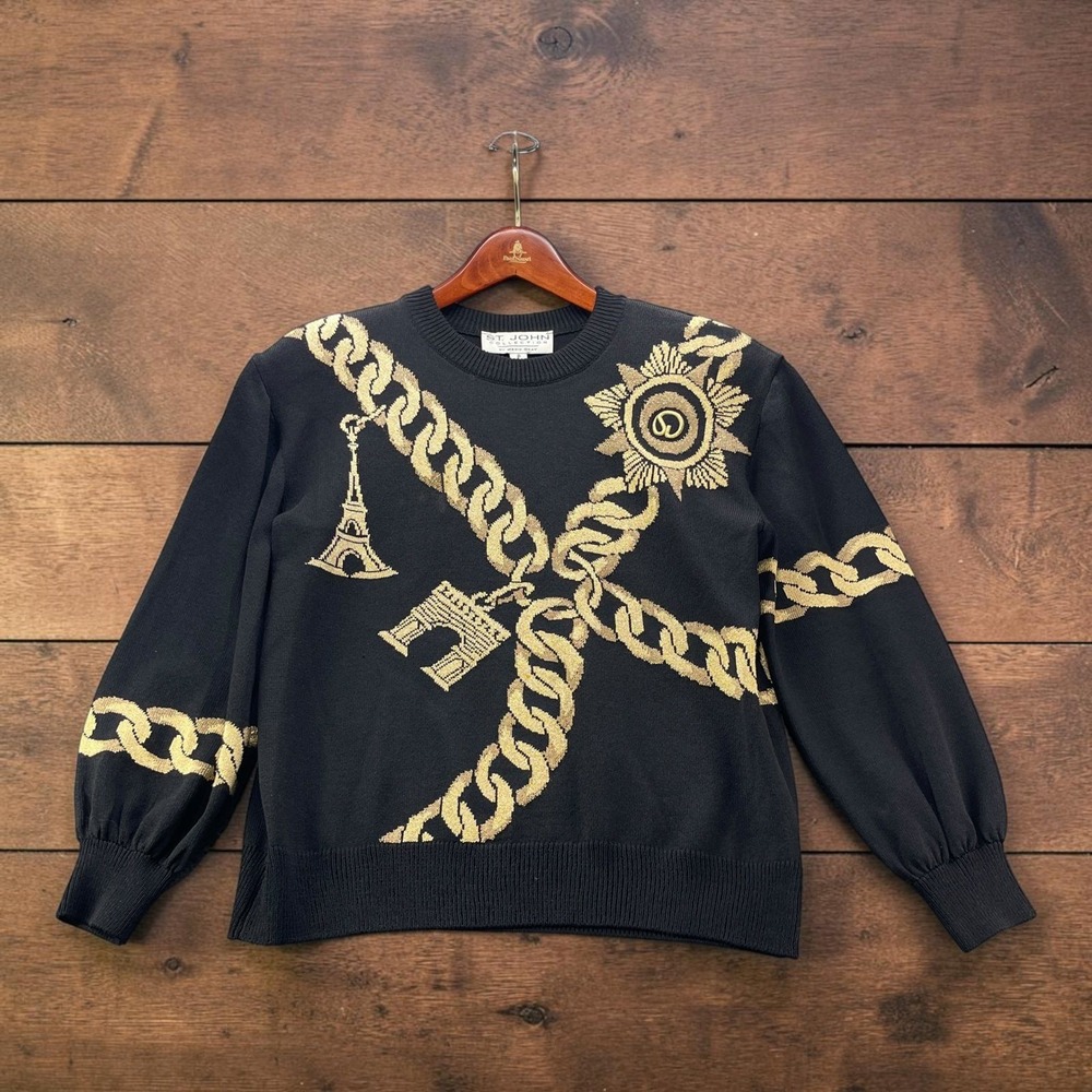 Vintage St John Collection Marie Gray Paris Gold Chain Knit Sweater Black Size P
